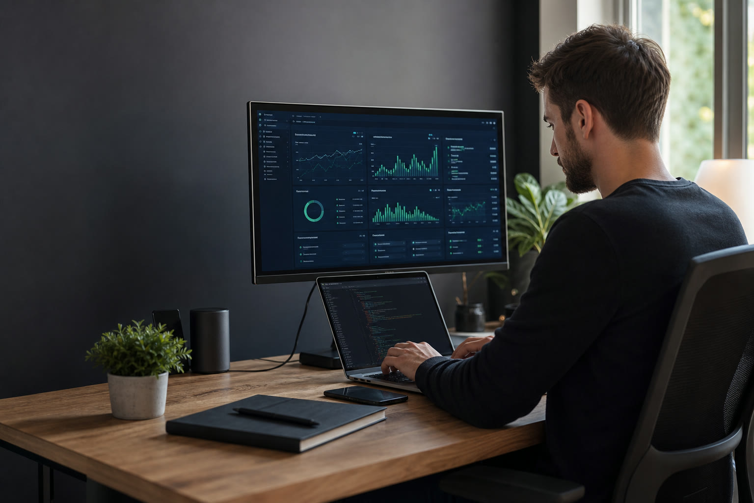 Freelance developer working beside a large analytics display