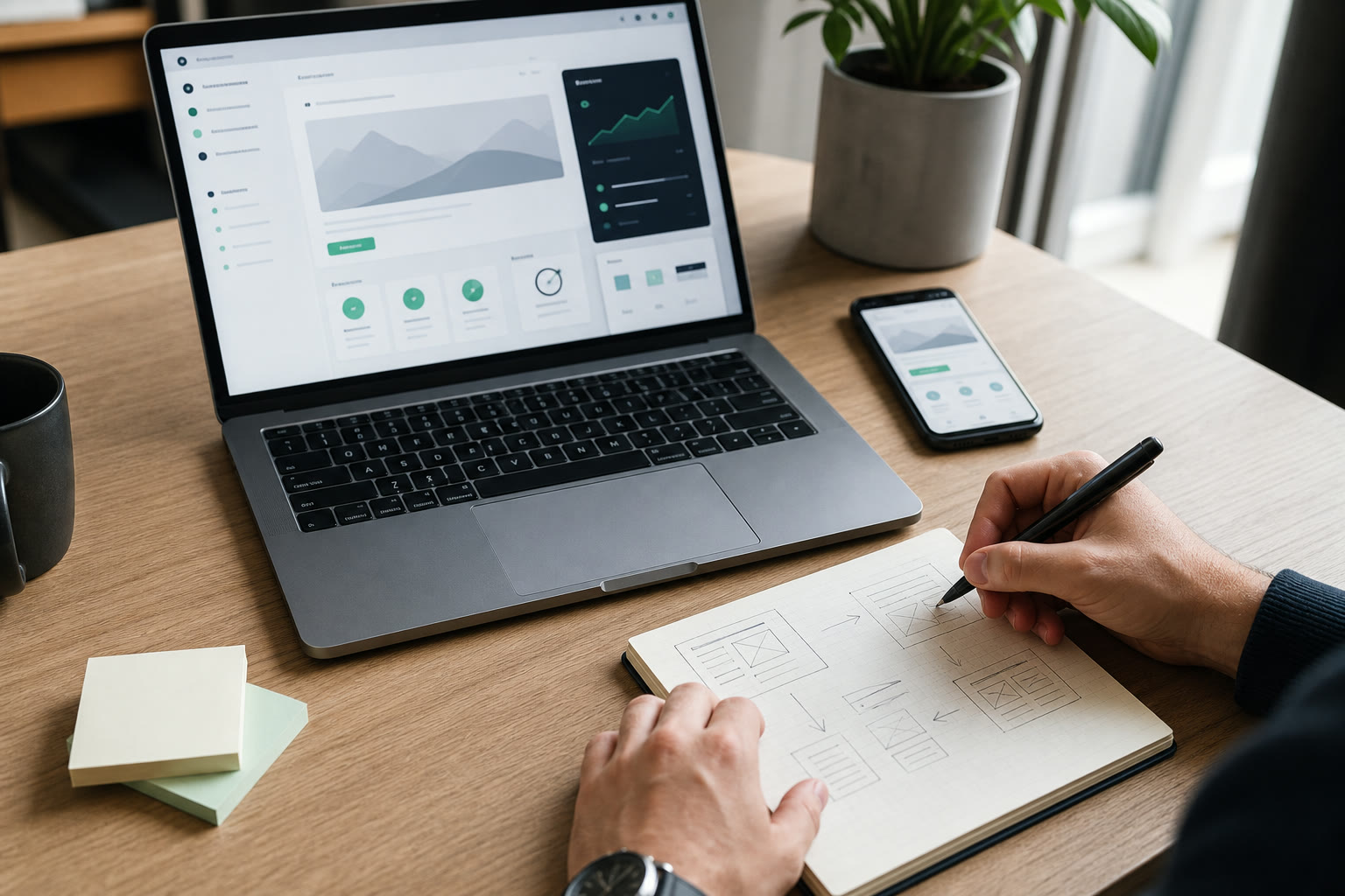 Freelancer planning a responsive website with laptop, phone and notebook